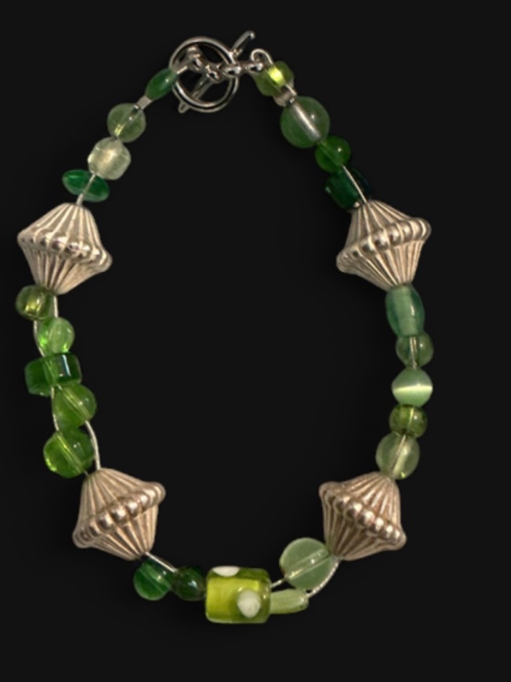 Handmade Green & Silver Tone Bracelet